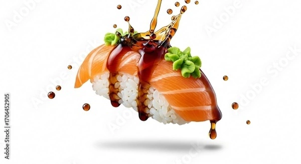 Obraz Salmon Nigiri Sushi with Soy Sauce Drip and Wasabi