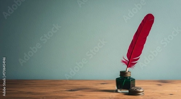 Fototapeta Writing a Story: A crimson feather dipped in a vintage inkwell sits upon a rustic wooden desk against a serene backdrop, whispering tales of a bygone era. The image captures the romance of writing.