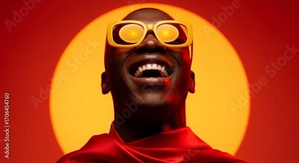 Fototapeta Radiant Optimism: A portrait of a smiling person wearing striking glasses against a bright, warm background, exuding a sense of happiness and joy.