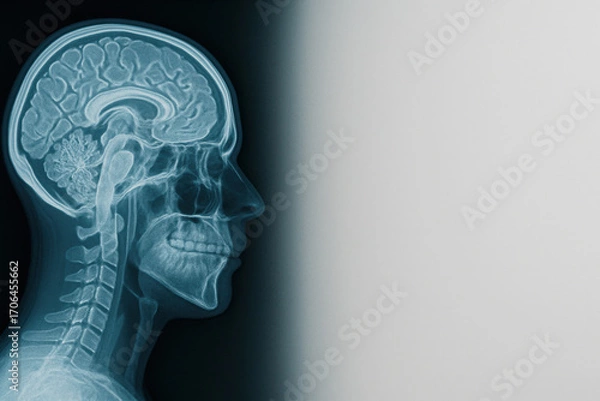 Fototapeta Side X-ray image of human head and neck with visible brain, spine, and skull. Medical imaging for diagnostics, neurology, anatomy, healthcare. Copy space on the right.