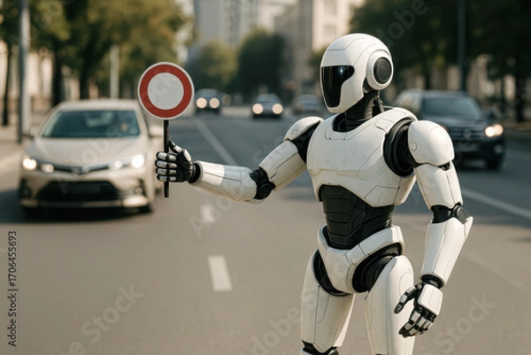 Fototapeta Humanoid robot controls traffic at a city intersection. Futuristic concept of artificial intelligence and smart technology in urban transportation.