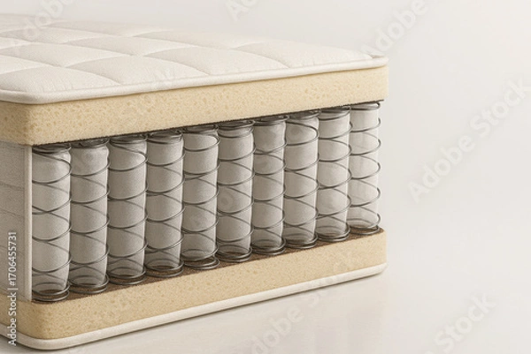 Fototapeta Cutaway of a mattress with independent springs and foam layers. Concept of orthopedic support, sleep quality, and mattress structure. Isolated macro view.