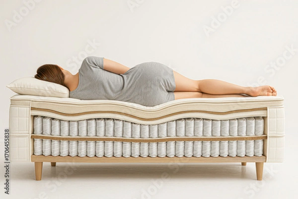 Fototapeta Woman sleeping on her side on a cutaway mattress with pocket springs and foam layers. Concept of ergonomic support, spinal health, and restful sleep.