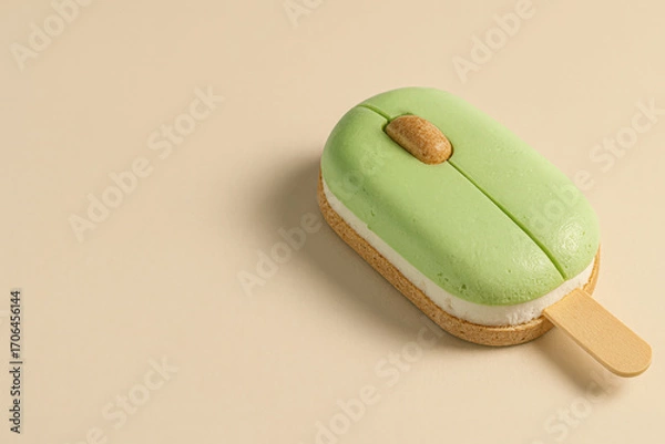 Fototapeta Creative ice cream shaped like a computer mouse on a stick. Conceptual dessert with green glaze, minimalism, isolated on beige background, fusion of food and technology.