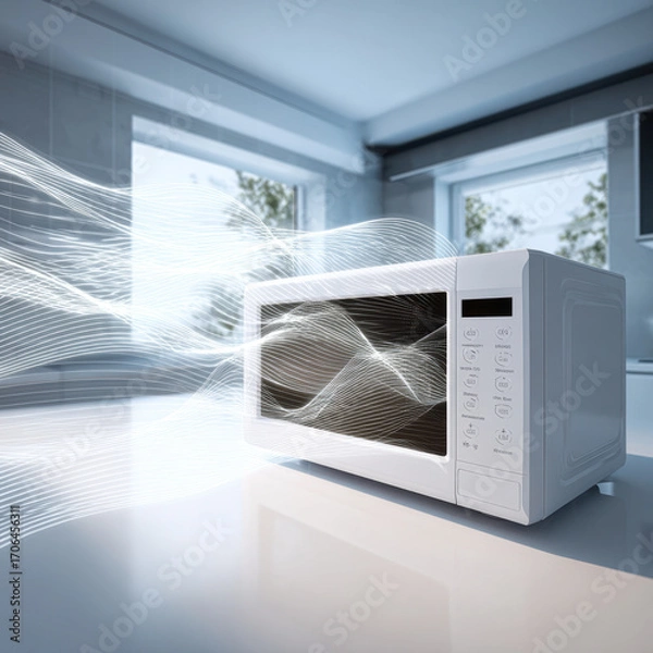 Fototapeta Modern microwave oven on kitchen counter with visualized microwave waves. Concept of electromagnetic radiation and heating technology, futuristic presentation, horizontal format.