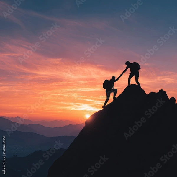 Fototapeta Silhouettes of two hikers on a mountain peak at sunset. One helps the other climb. Concept of support, teamwork, friendship, achievement, and overcoming challenges.