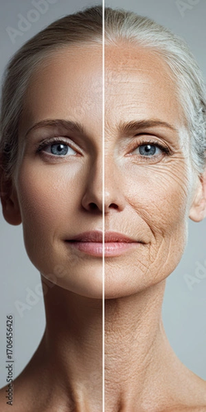 Fototapeta Before and after: woman's face showing visible difference between aging and rejuvenation.