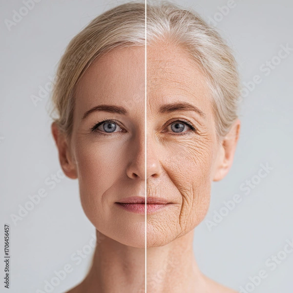Fototapeta Before and after: woman's face showing visible difference between aging and rejuvenation.
