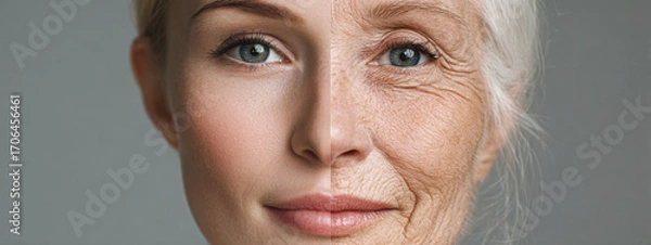 Fototapeta Before and after: woman's face showing visible difference between aging and rejuvenation.