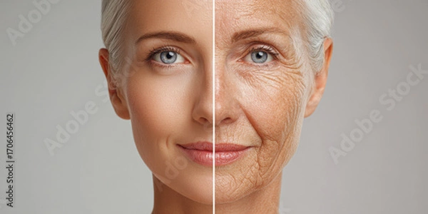Fototapeta Before and after: woman's face showing visible difference between aging and rejuvenation.