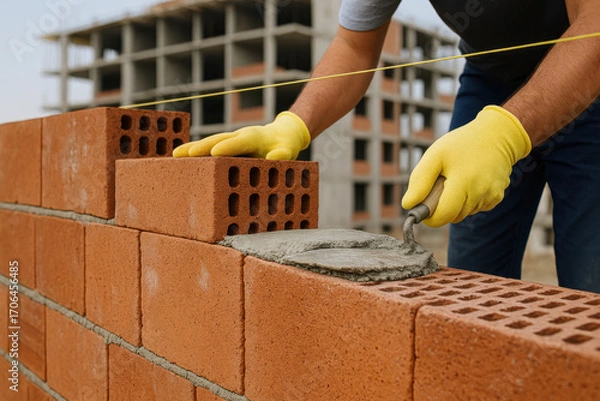 Fototapeta Worker in yellow gloves laying bricks with trowel and mortar on construction site. Unfinished buildings in background. Concept of construction, labor and masonry.