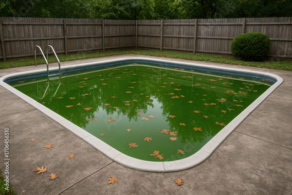Fototapeta Stagnant green water in a private backyard pool with fallen autumn leaves. Unmaintained outdoor pool, algae and dirt, concept of pool care and seasonal cleaning.