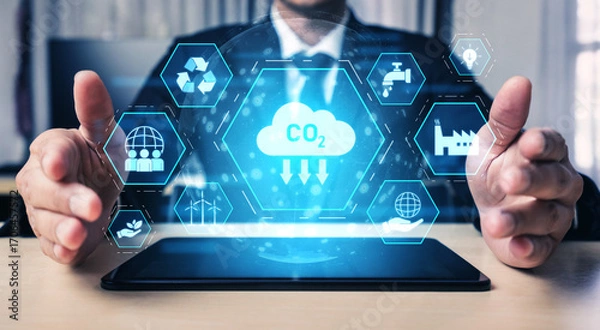 Fototapeta Carbon reduction at the center of sustainable strategies, including renewable energy, recycling, clean water, innovation, global responsibility, and eco-friendly industry Vouch