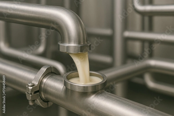 Fototapeta Food production processed plant based factory pipeline pouring milk into stainless steel tank creating smooth creamy liquid flow with metal pipework and sanitary fittings