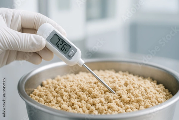 Fototapeta Food production processed plant based factory quality check with technician measuring temperature of grain like textured protein in stainless bowl ensuring safe food handling and precise monitoring