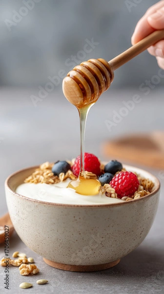 Fototapeta Honey drizzling on yogurt bowl with granola and berries for a healthy breakfast