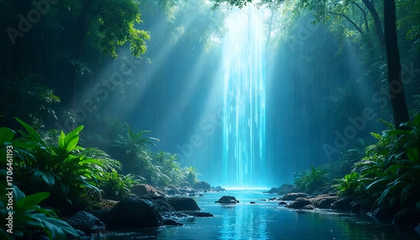 Fototapeta Ethereal Forest Waterfall with Luminescent Beams and Lush Greenery