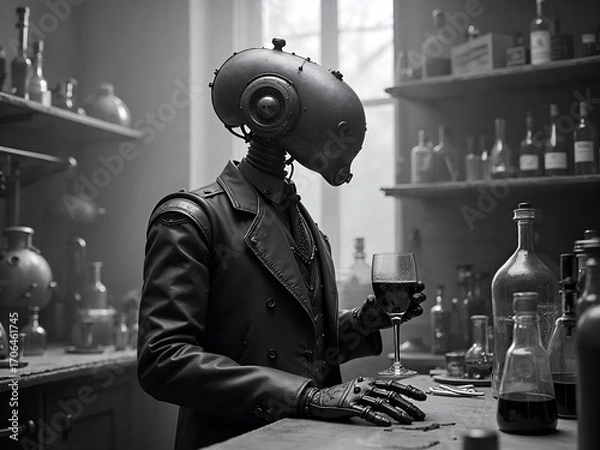 Fototapeta Steampunk Robot Holding a Glass of Wine in an Old fashioned Laboratory, Moody Black and White