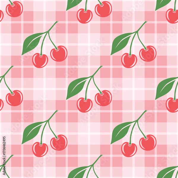 Fototapeta Vector Seamless Pattern with Cutout Cherry. Single, Pair of Cherries and Cluster of Cherries with Leaves , Repeated Print. Cherry Art, Design Template, Vector Illustration