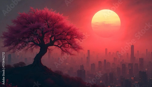 Fototapeta Vibrant Pink Cherry Blossom Tree Overlooking a Hazy Cityscape at Sunset with a Large Orange Sun
