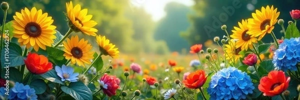 Fototapeta Vibrant summer colors burst from a lush garden overflowing with sunflowers, poppies, and bright blue hydrangeas Perfect for summer themes, travel, and joyful occasions , seasonal, yellow, colorful