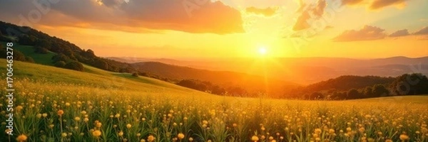 Fototapeta Vibrant, sun-drenched landscape perfect for summer backgrounds Golden hour light bathes the scene in warmth, ideal for travel, nature, and happy themes , meadow, clouds