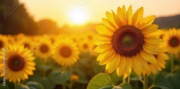 Fototapeta Vibrant sunflowers bask in golden sunlight, their faces turned towards the sun in a field of rich, warm hues A breathtaking display of nature's beauty at its peak , stems, botanical, summertime