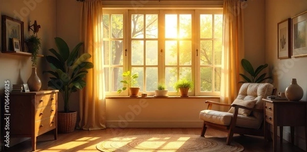 Fototapeta Warm sunlight streams through a window, illuminating a welcoming, hopeful scene A simple, cozy interior filled with promise and tranquility awaits , light, future, rustic