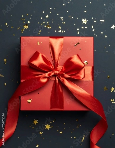Obraz Red gift box with gold confetti on dark background