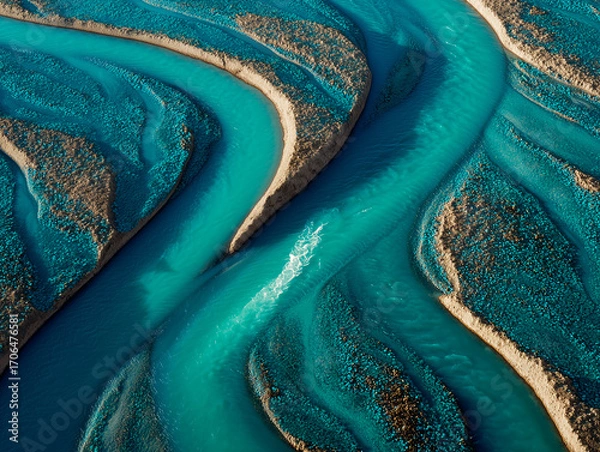 Fototapeta river braiding through a valley