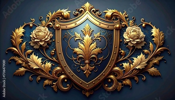 Obraz Ornate gold shield, blue background