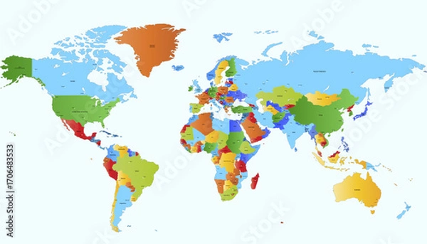 Fototapeta World map. Color modern vector map. Silhouette map.