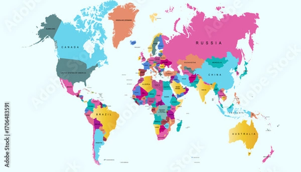 Fototapeta World map. Color modern vector map. Silhouette map.