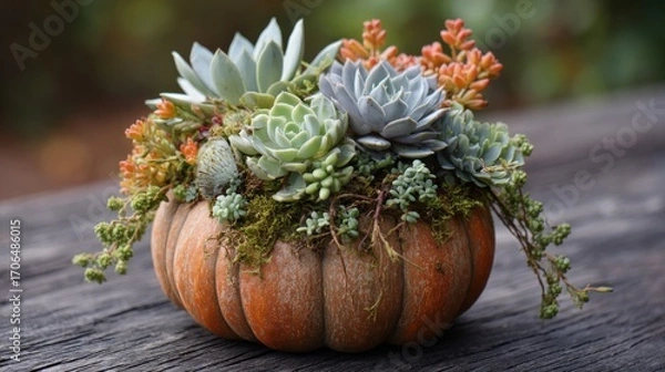 Fototapeta Autumn themed display featuring diverse succulents bursting from hollowed pumpkin on natural wooden background.