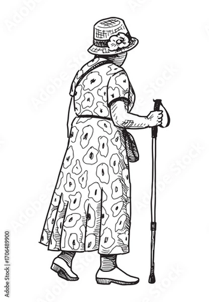 Fototapeta Elderly elegant woman in hat with cane and handbag walking outdoors alone, side view, vector realistic outline hand drawing