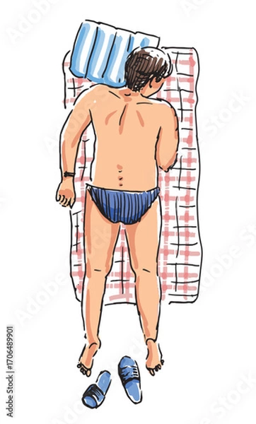 Fototapeta One young man in beach holiday, summer vacation, lying on seashore, tanned, relaxing, realistic outline hand drawings, vector illustration