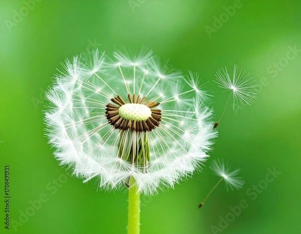 Obraz Dandelion seed head, light white seeds, green blurred background
