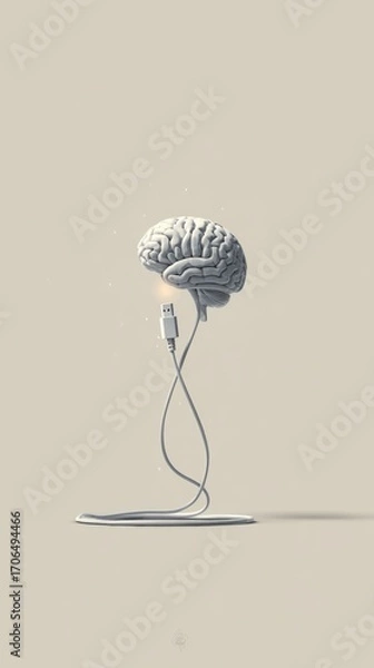 Fototapeta Futuristic 3D illustration of a realistic white brain connected to a USB cable, glowing subtly. Represents knowledge transfer, artificial intelligence, human-