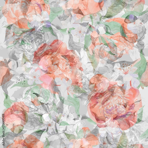 Fototapeta Botanical seamless pattern with abstract flowers and peony sulhouettes for textiles. High quality illustration