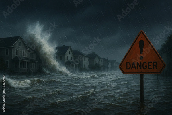 Fototapeta An aerial view of a coastal city experiencing rising waters due to a flood warning