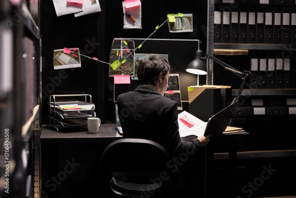 Fototapeta Woman law officer gathering intelligence for a secret operation case, linking photos and classified documents on a board while tracing illegal activity and pursuing a suspect in criminal case.