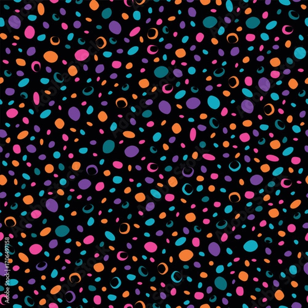 Obraz Playful seamless pattern featuring colorful scattered dots in bright orange, pink, teal, and purple on a dark background. A versatile and festive design, perfect for textiles, wallpaper projects.