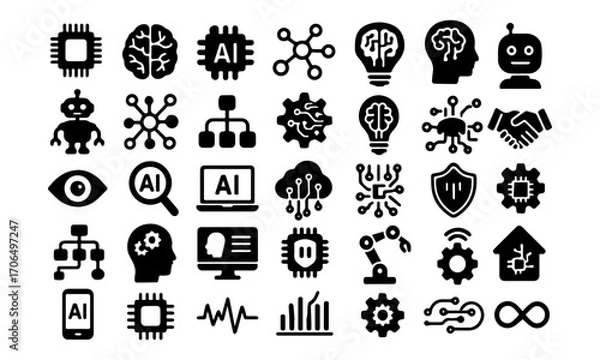 Obraz Artificial Intelligence and Technology Flat Vector Icon Set – AI, Robotics, Data