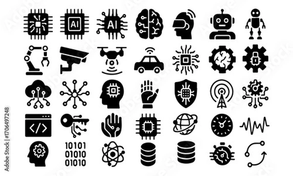 Obraz Artificial Intelligence and Technology Flat Vector Icon Set – AI, Robotics, Data