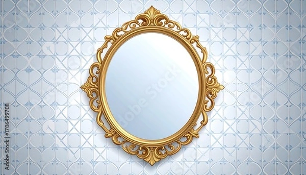 Obraz Ornate gold framed oval mirror on light blue patterned wall