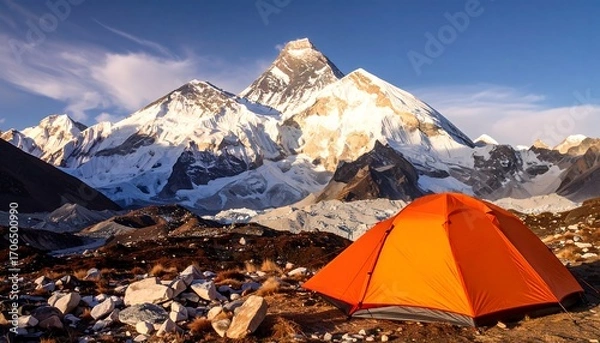 Obraz Mountain landscape with orange tent