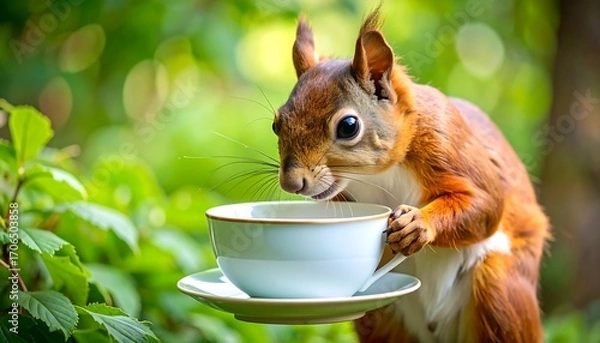 Fototapeta Squirrel with teacup in a garden