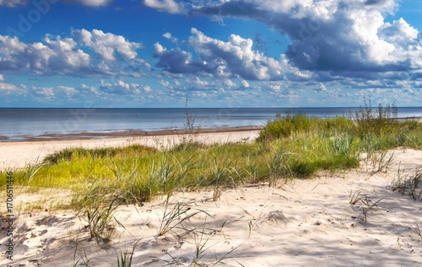 Obraz Sand dunes with grass in a shore of the Baltic Sea during summer day in Jurmala - famous tourist resort in Latvia