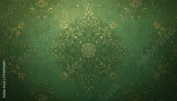 Obraz Ornate green background with gold patterns