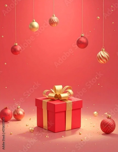 Obraz Festive red gift box with gold ornaments
